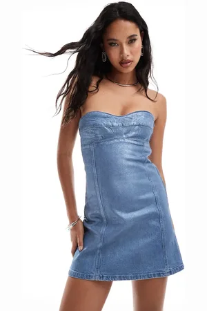ASOS Denim bandeau mini dress in metallic blue