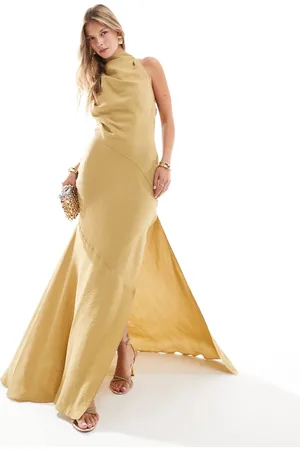 ASOS High neck asymmetric maxi dress with thigh split in gold