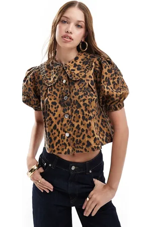 Miss Selfridge Leopard print frill collar denim blouse