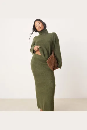 VILA Knitted midi skirt co-ord in khaki