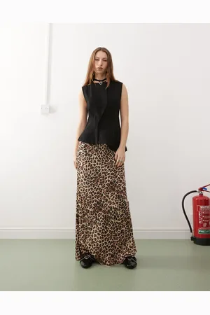 Monki Satin bias cut maxi skirt in leopard print