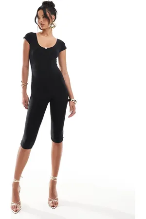 Kaiia Slinky scoop neck rose detail cap sleeve capri unitard in