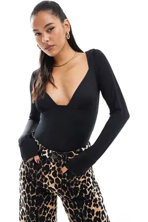 Stradivarius Deep v neck long sleeve bodysuit in