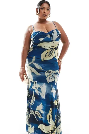 ASOS ASOS DESIGN Curve mesh cupped detail fishtail maxi dress in oversized blue & yellow floral