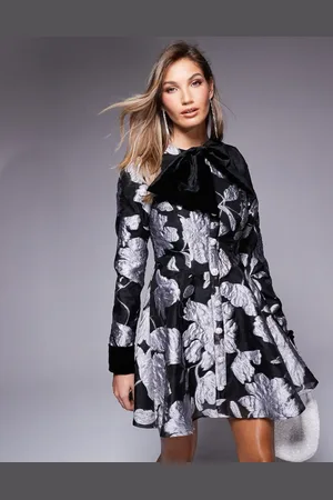 ASOS Jacquard long sleeve mini dress with velvet bow and embellished buttons in mono floral