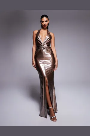 ASOS Metallic twist front deep plunge maxi dress in bronze