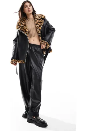 Miss Selfridge Faux leather aviator with leopard contrast faux fur