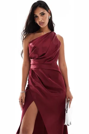 Jarlo One shoulder side train maxi dress in burgundy