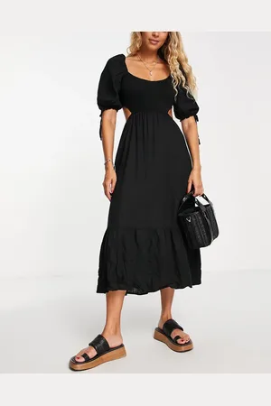 The Frolic Exclusive Fin linen shirred front puff sleeve midi summer dress in