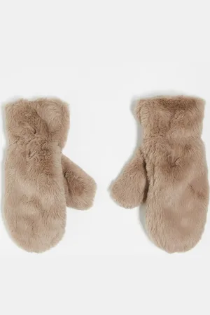 Pieces® Faux fur mittens in taupe