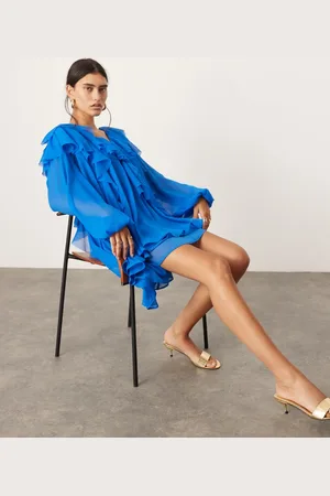 ASOS Chiffon raw edge ruffle mini dress in cobalt