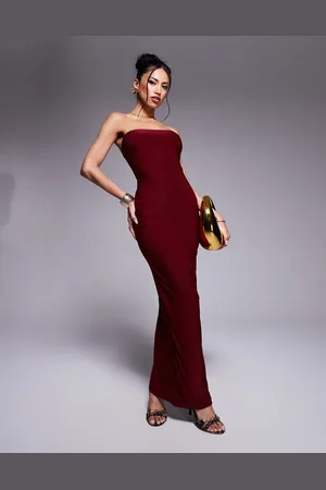 Fashionkilla Exclusive slinky double sculpted bandeau maxi dress in burgundy