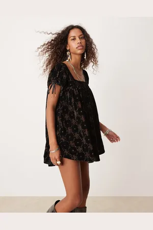Free People Floral print velvet puff sleeve tunic mini dress in