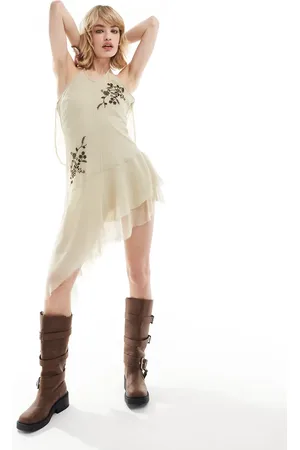 COLLUSION Embroidered chiffon asymmetric mini dress in stone