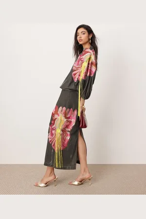 ASOS Velvet embroidered maxi dress with fringe detail in charcoal