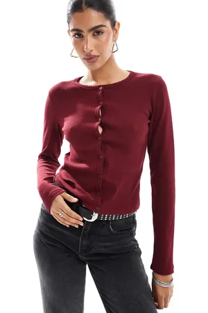 Stradivarius Ribbed jersey cardigan in burgundy