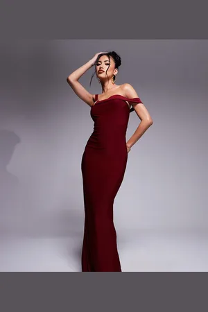 Fashionkilla Exclusive slinky double sculpted asymmetric sleeve metal ring detail bodycon maxi dress in burgundy