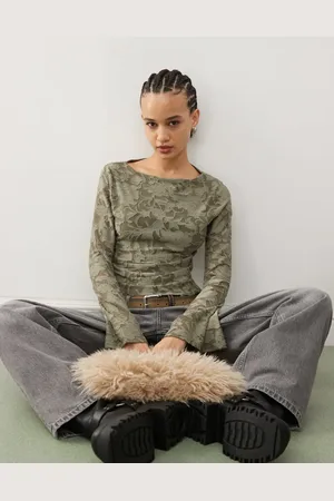 Reclaimed Long sleeve burn out top in khaki flock