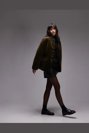 MANGO Contrast detail collarless shearling jacket in dark