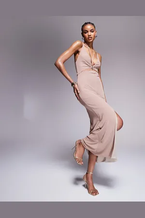 ASOS Strapping detail plunge maxi dress with gold trim detail in mocha