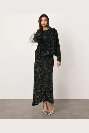 ASOS Velvet allover sequin asymmetric hem skirt co-ord in dark green