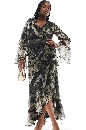 ASOS ASOS DESIGN Curve exclusive ruffle high-low hem midi dress in mono abstract print