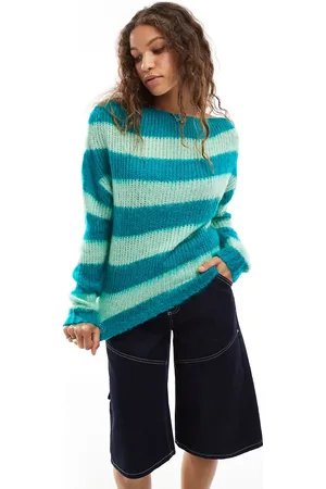Daisy Street Tonal greens chunky stripe brushed knitted jumper