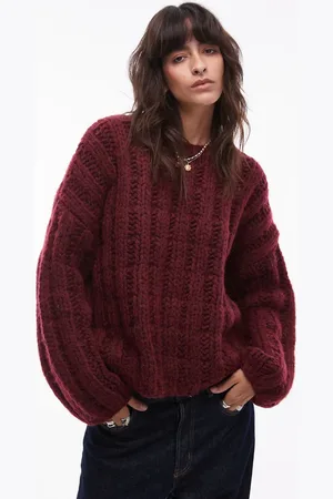 Topshop Premium hand knit ladder stitch oversized jumper in burgundy