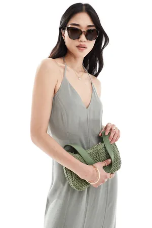Stradivarius Linen look cami maxi dress in washed khaki