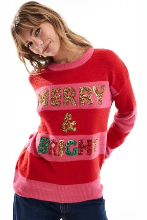 Brave Soul Oversized christmas jumper with sequins in pink and stripe