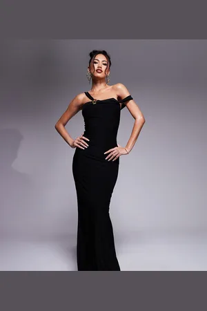 Fashionkilla Exclusive slinky double sculpted asymmetric sleeve metal ring detail bodycon maxi dress in