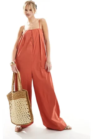ASOS Pleated square neck wide leg jumpsuit in burnt