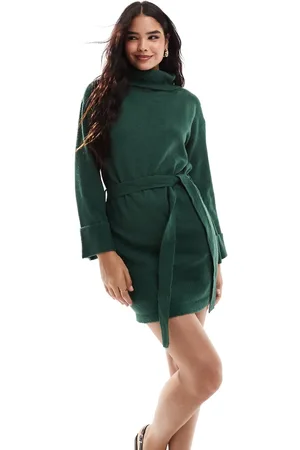 VILA Roll neck mini jumper dress with tie waist in