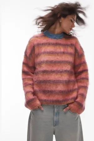 Topshop Knitted ultra fluffy relaxed jumper in pink ochre and purple stripe