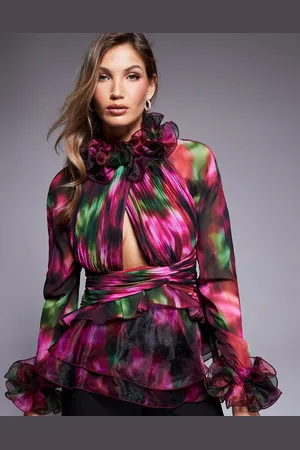 ASOS Organza long sleeve exaggerated ruffle top in blurred floral
