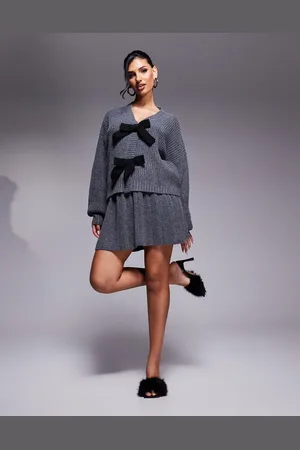 In The Style Knitted balloon sleeve cardigan with contrast bow ties co-ord in charcoal