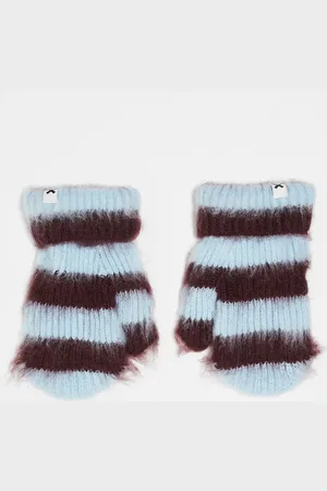 COLLUSION Unisex brushed mittens in blue & burgundy stripe