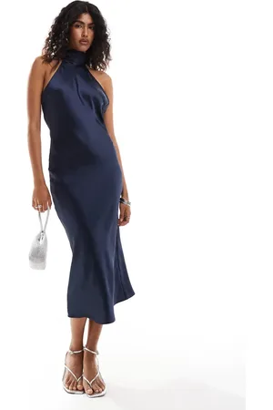 Pretty Lavish High neck satin midi dress in navy