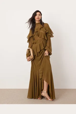ASOS Chiffon ruffle asymmetric maxi dress in dark olive
