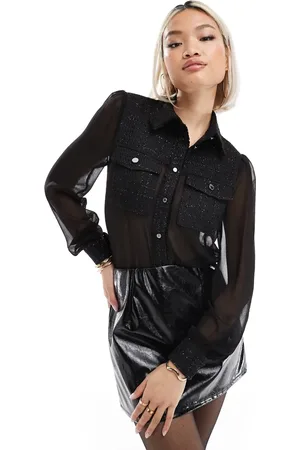 Morgan Sheer gold button blouse with contrast tweed trim in