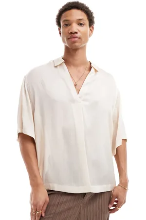 ASOS Short sleeve oversized overhead textured satin shirt in off