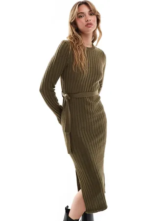 Brave Soul Knitted midi dress with slit in khaki