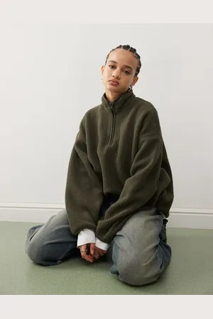 Weekday Carro half zip borg sweatshirt in khaki