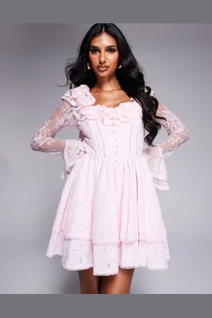 ASOS Broderie corseted lace sleeve mini skater dress in pink
