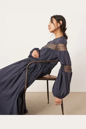 ASOS Crochet trim drop waist blouson sleeve trapeze maxi dress in charcoal