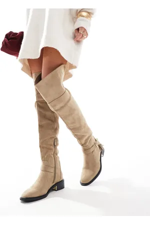 SEQWL Over the knee flat boots with tassle in taupe