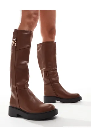 SEQWL Knee high buckle flat riding boot in tan