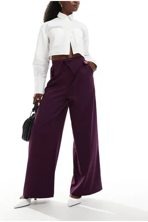 ASOS Tailored tie waist wide leg trousers with pleat detail in brushed plum