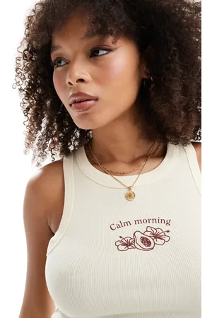 Pull&Bear Papaya fruit graphic racer vest in ecru