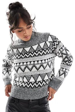 Brave Soul High neck fairisle jumper in , grey and white